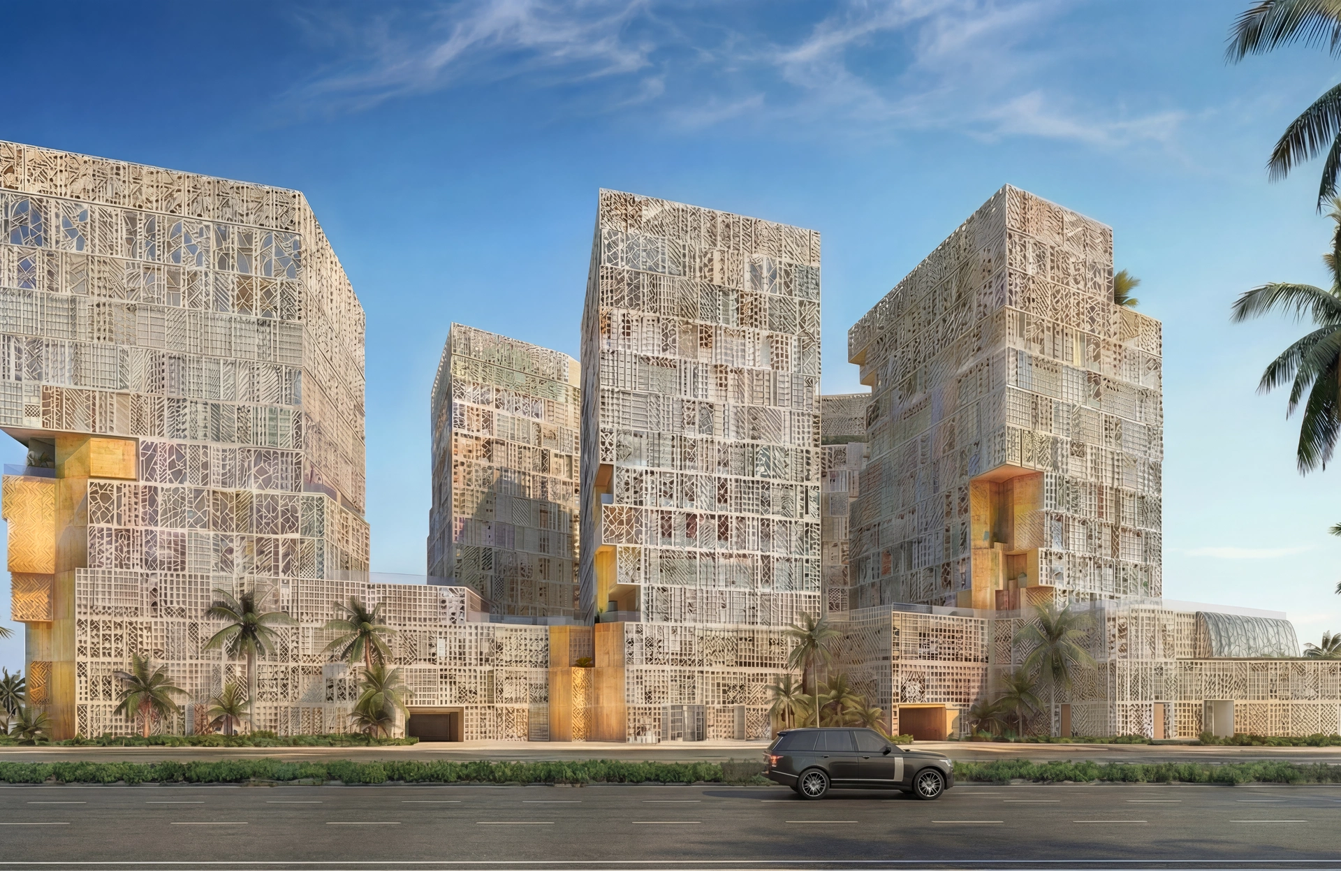 Richmond District exterior rendering at night, Al Furjan